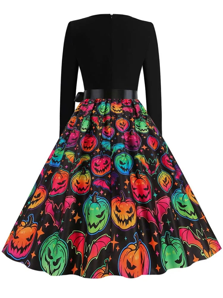 Halloween Dress For Women Square Collar Long Sleeve Print Vintage Evening Party Elegant 50s 60s Robe Midi Sundress