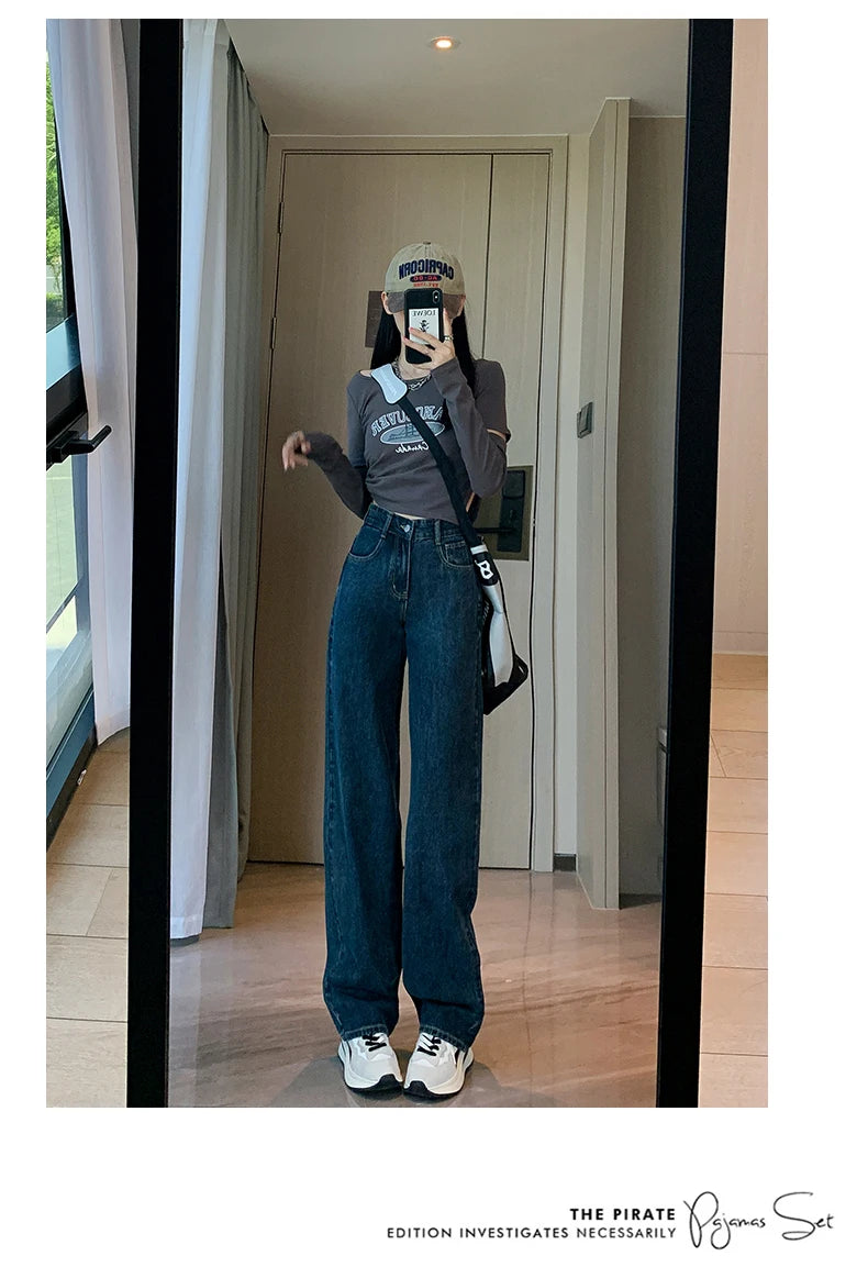 Jielur Dark Blue Straight Basic Female Jeans High Waist Slim Loose Solid Color Simple Women's Wide Leg Pants Chic Office Ladies