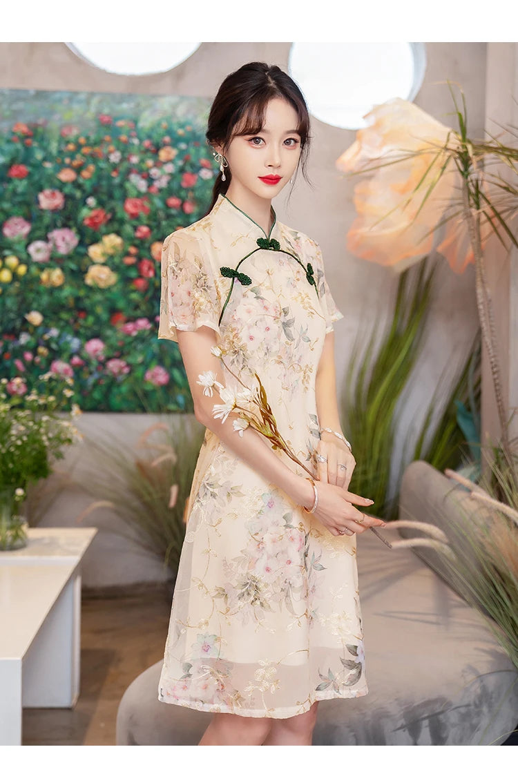 New Style Summer Improved Chiffon Cheongsam Women' Elegant Chinese Traditional Short Sleeve Qipao Dress Modern - Seprincess