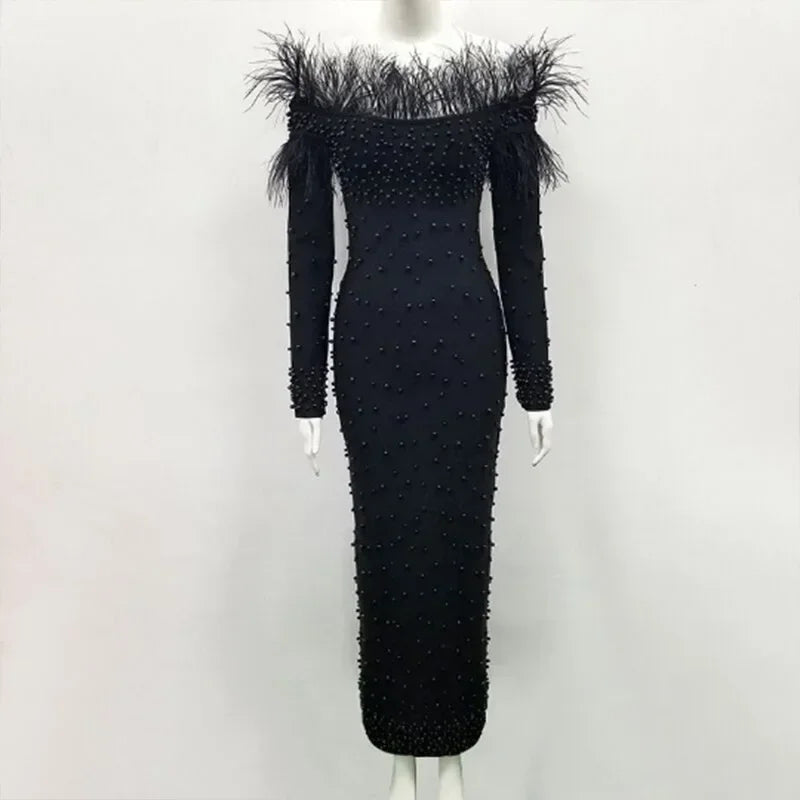 2024 New Evening Sexly Fashion Women Long Dress Cocktail Party Elegant Slim Fit Feather Ankle-Length Dress Hip Wrapped Dresses - Seprincess