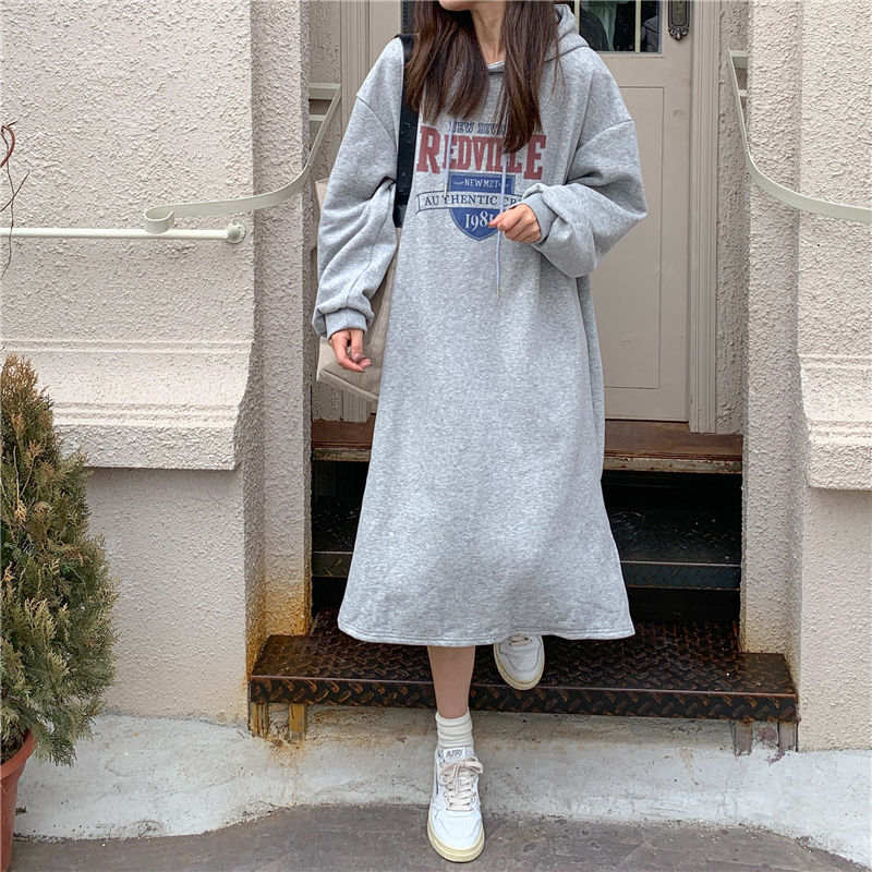 Autumn Winter Women Fleece Thicken Hooded Dress Print Letter Drawstring Korean Fashion Loose Midi Side Slit Oversized Dresses - Seprincess