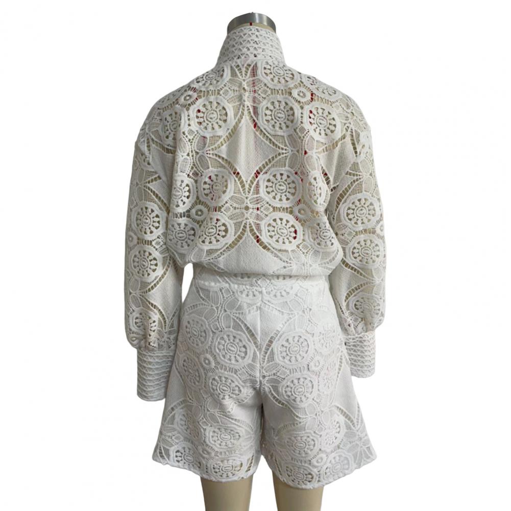 2Pcs/Set Women Outfit Blouse Long Sleeve Single Breasted High Waist Embroidery Hollow Lace Shirt Wide Leg Women Shorts Set