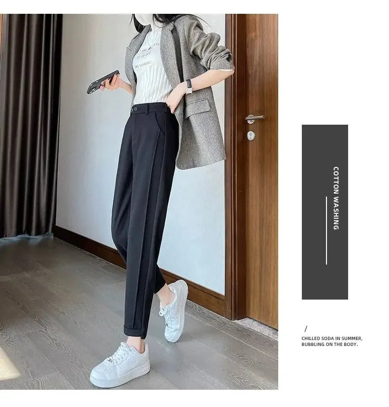 Winter Woolen Pants for Women Thicken Warm Ankle-Length Harem Pants Office Lady Khaki Elastic Waist Fashion Women's Trousers