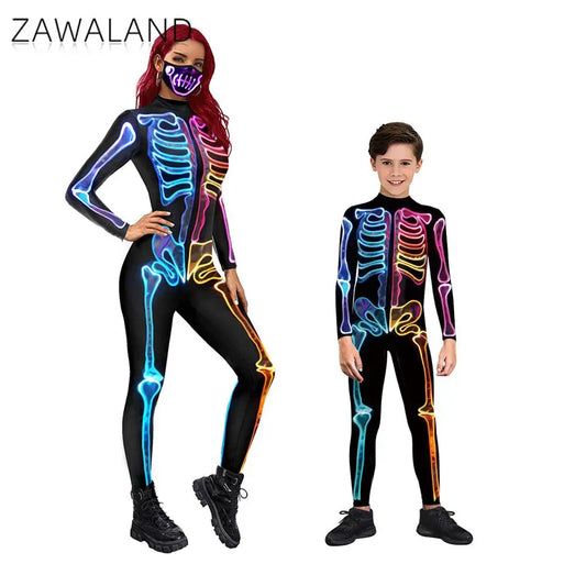 ZAWALAND Zentai Women Kid Outfits Hallowen Skeleton Bodysuit Carnival Party Cosplay Costume Parent-child clothing Jumpsuits - Seprincess