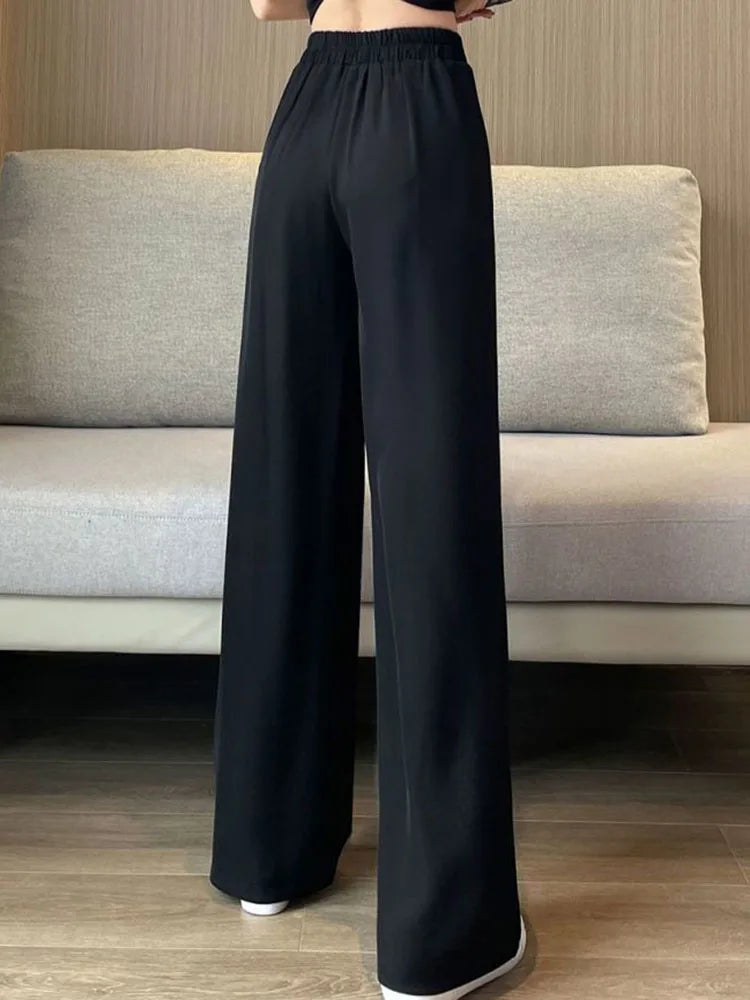 Women Formal Loose Thicken Straight Suit Pants Winter Warm Elastic High Waist Velvet Lined Wide Leg Pantalones Chic Solid Calca