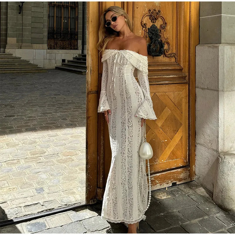 Vintage Cream Floral Lace Off Shoulder Maxi Dress Fashion Flare Long Sleeve Hollow Out Slim Dresses 2024 Elegant Lady Party Robe - Seprincess