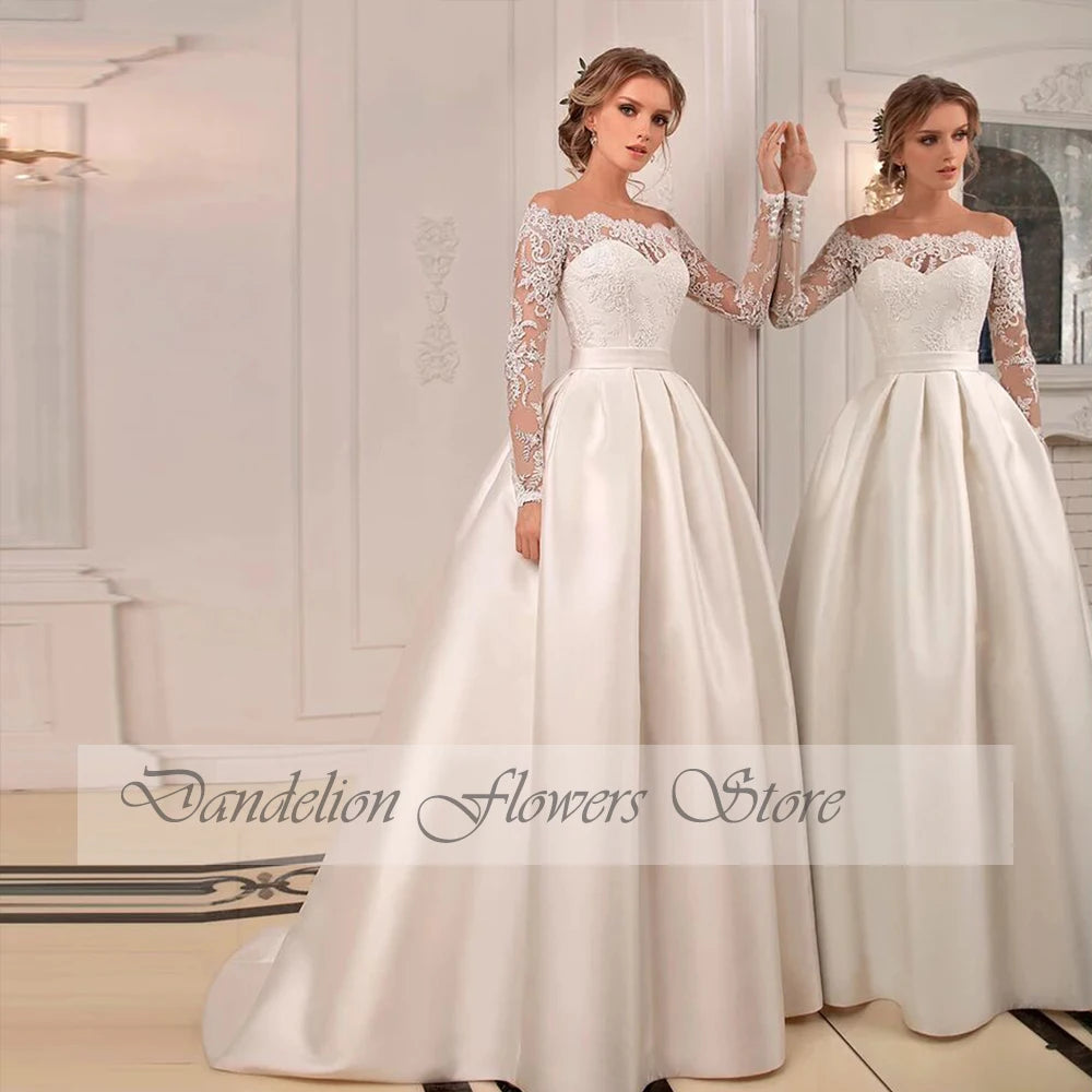 Classic Wedding Dresses O-Neck Full Sleeves Zipper Lace Applique Bride Gowns Illusion Sweep Train A-Line Satin Vestidos De Novia - Seprincess