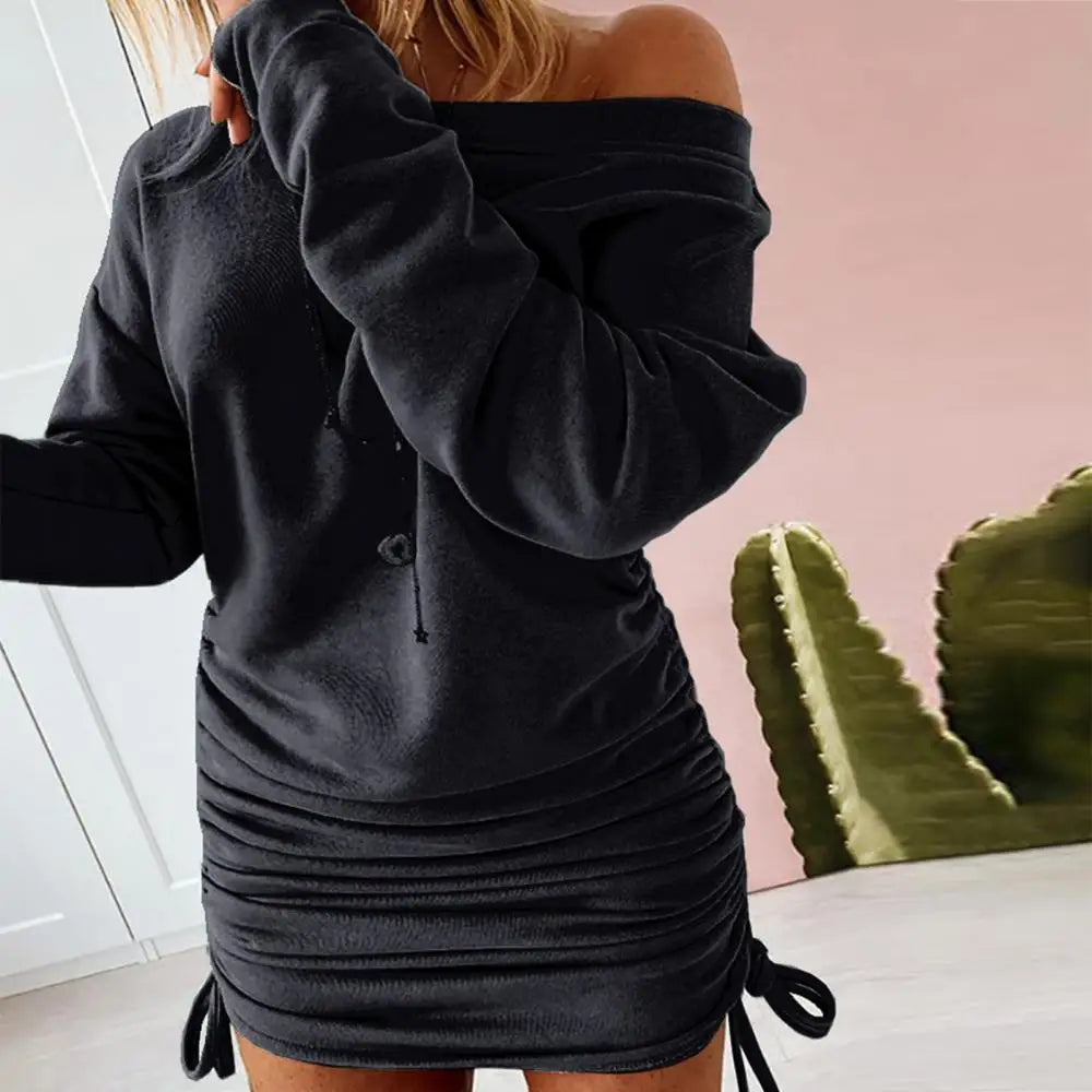 Off Shoulder Ruffled Drawstring Sexy Robe Autumn Pure Women Long Sleeve Mini Pencil Dress Sweatshirt Streetwear Dresses Female - Seprincess