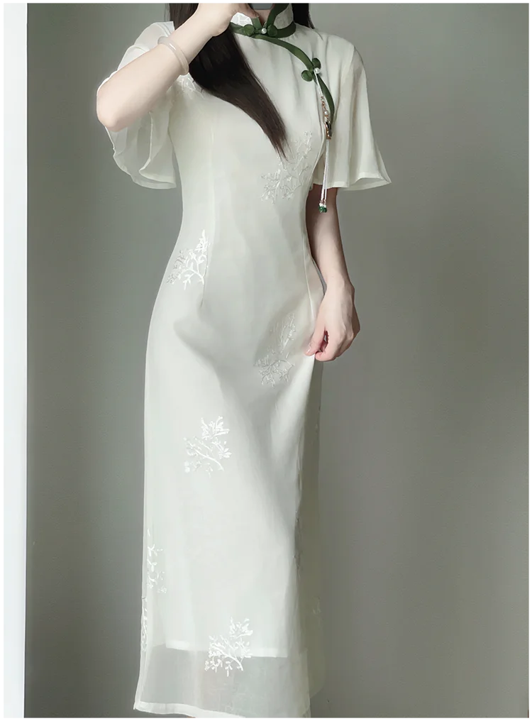 Women White Chiffon Embroidered Inverted Long Sleeve Qipao 2023 Summer New Cheongsam Chinese Style Girl Wen Wan Lady Dress - Seprincess