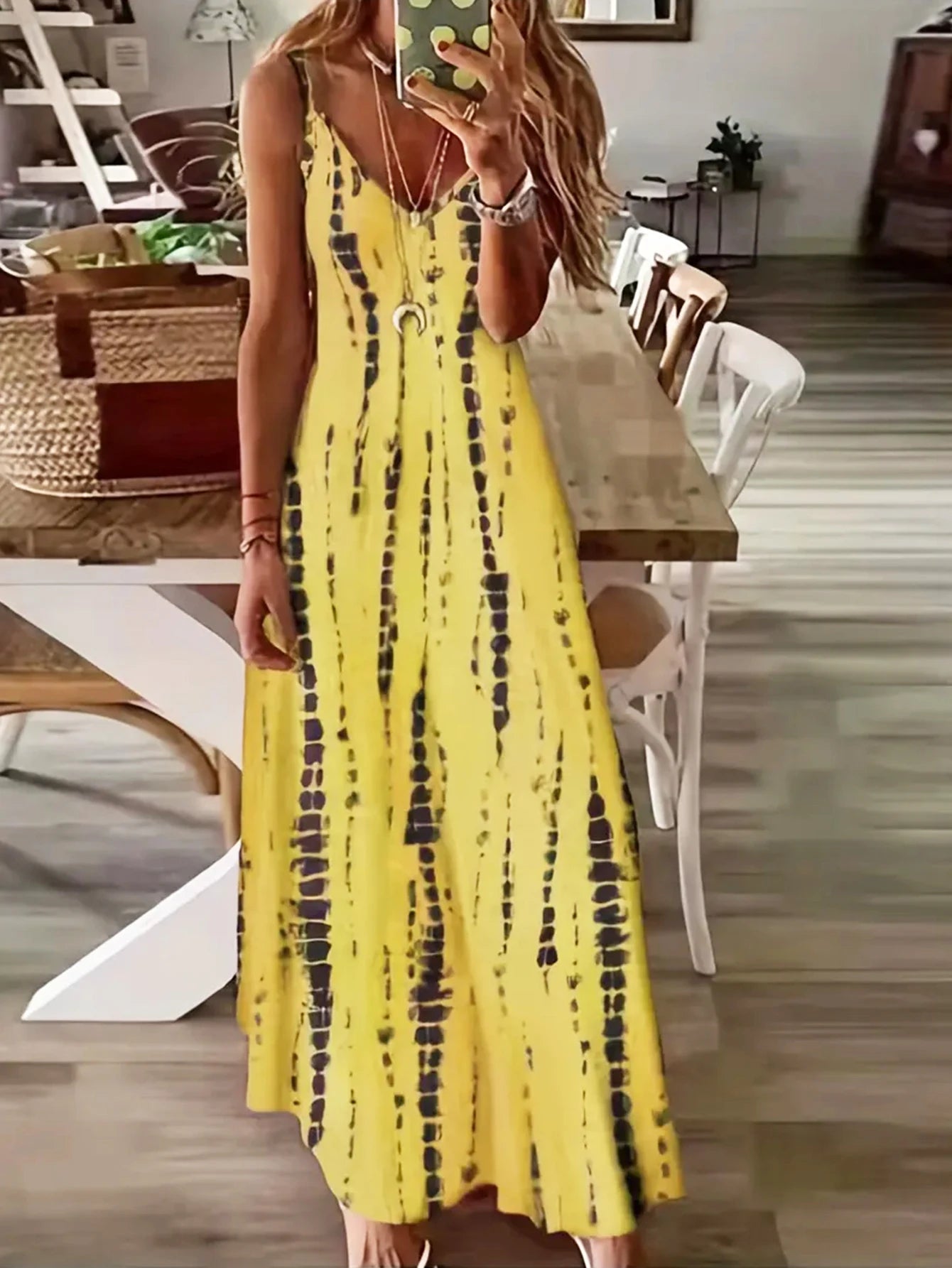 Women's Casual Loose V-neck Tie Dye Printed Spaghetti Maxi Dress Summer Beach Vacation Long Dress - Seprincess