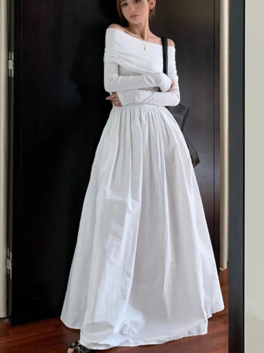 Y2k Fashion Evening Party Maxi White Dress Women Korean Off Shoulder Long Sleeve Birthday Robe Autumn Streetwear Corset Clothes - Seprincess