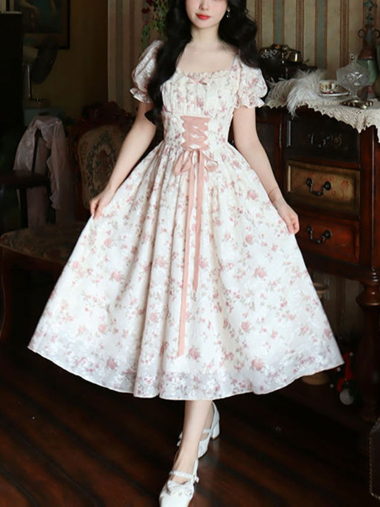 Summer Korean Fashion Lace Fairy Dress Women Square Collar Princess Kawaii Floral Print Dress Female Bandage Sweet Dress 2024 - Seprincess