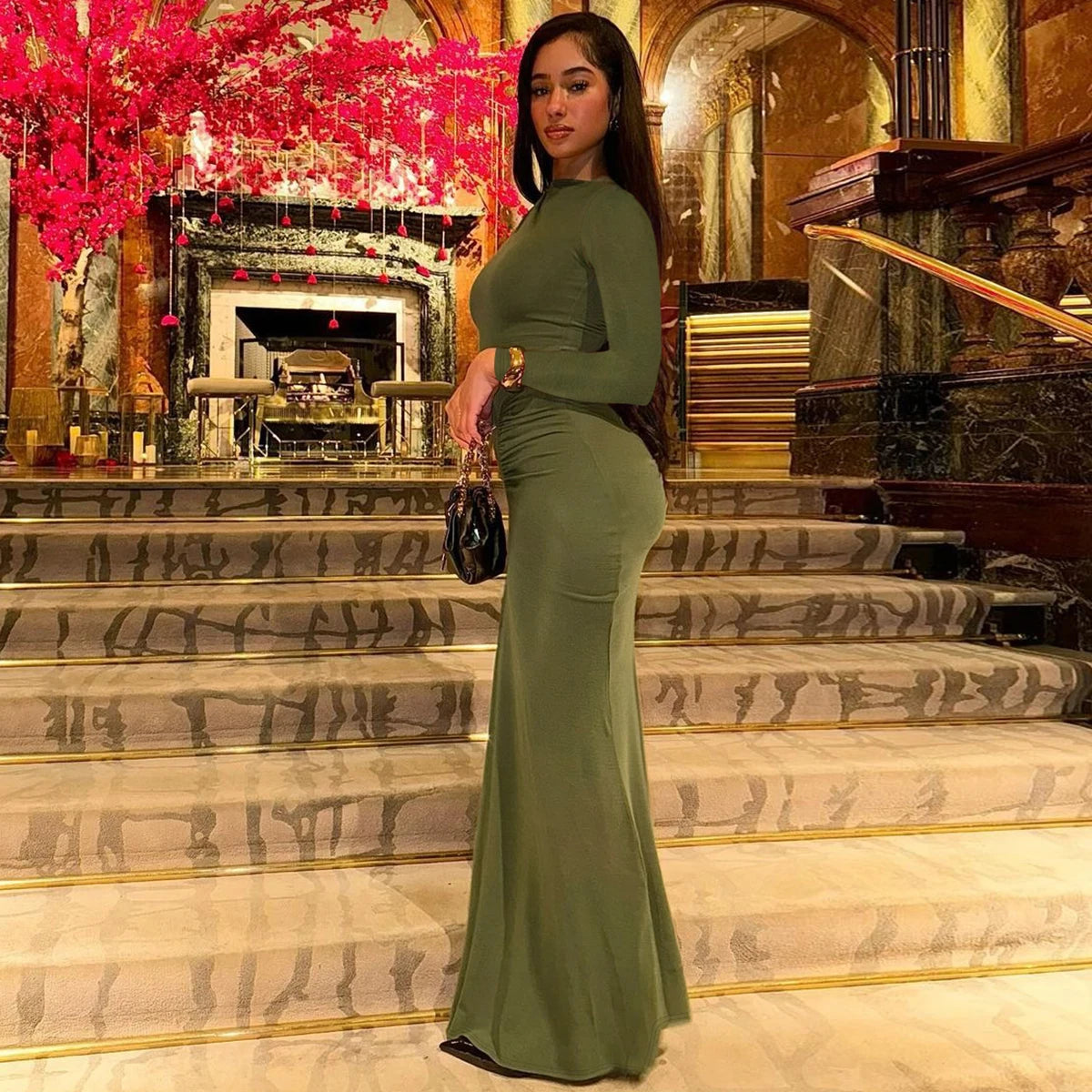 Hugcitar 2024 Autumn Solid Long Sleeve Draped Sexy Bodycon Maxi Prom Dress Women Fashion Y2K Outfits Evening Party Festival - Seprincess