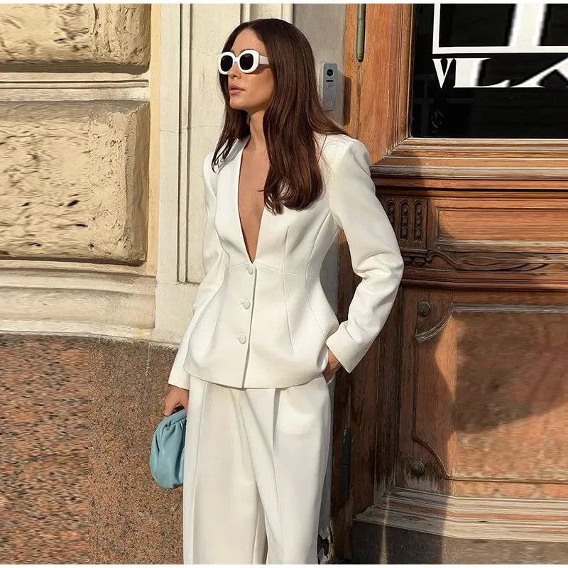 Women White 2 Pieces Set Deep V-neck Single Breasted Blazer Coat High Waist Pants Female Chic 2024 Autumn Office Lady Outfits - Seprincess