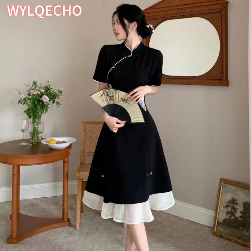 2023 Chinese Improved Hanfu Cheongsam Dress Women A Line Qipao New Fashion Style Short Sleeve Casual Daily Lady Cheongsam Dress - Seprincess