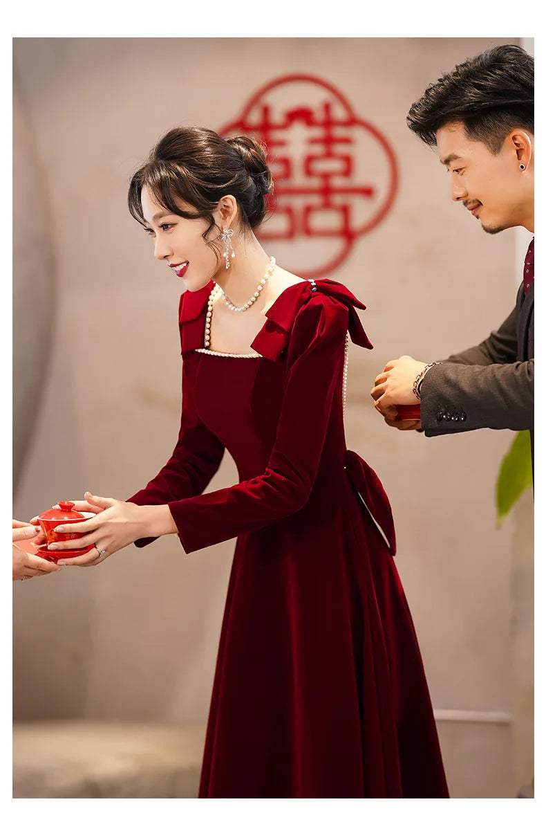 Burgundy Velvet Evening Dress Elegant Beaded Square Collar Engagement Dresses Temperament Bow Long Sleeve Formal Banquet Gown - Seprincess