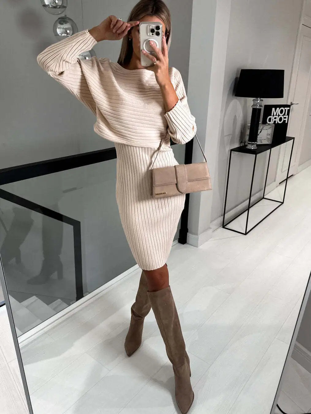 Chic Dress for Woman 2023 Winter Fashion Slim Fit Sexy Solid Two Piece Mid length Women Elegant Knitted Pit Stripe Dress Vestido - Seprincess