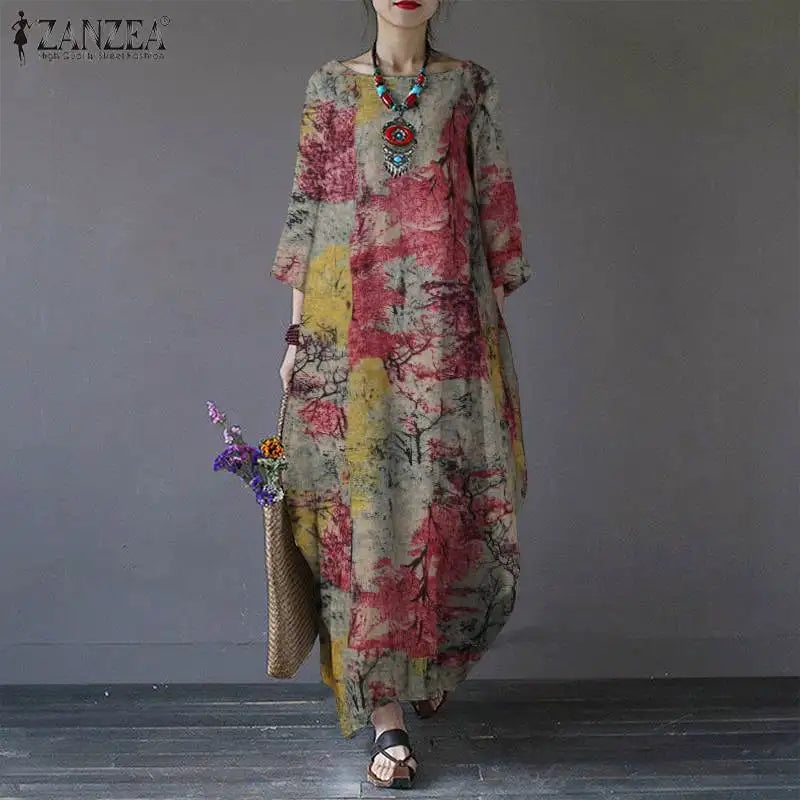 Vintage Printed Dresses ZANZEA Autumn Sundress Women Bohemian Casual Long Sleeve O Neck Dress Elegant Loose Maxi Vestidos Robe - Seprincess