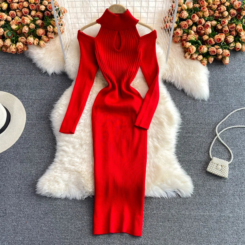 YuooMuoo Chic Fashion Sexy Wrap Hips Cut Out Shoulder Long Sleeve Knitted Autumn Dress Elegant Lady High Street Bodycon Vestido - Seprincess