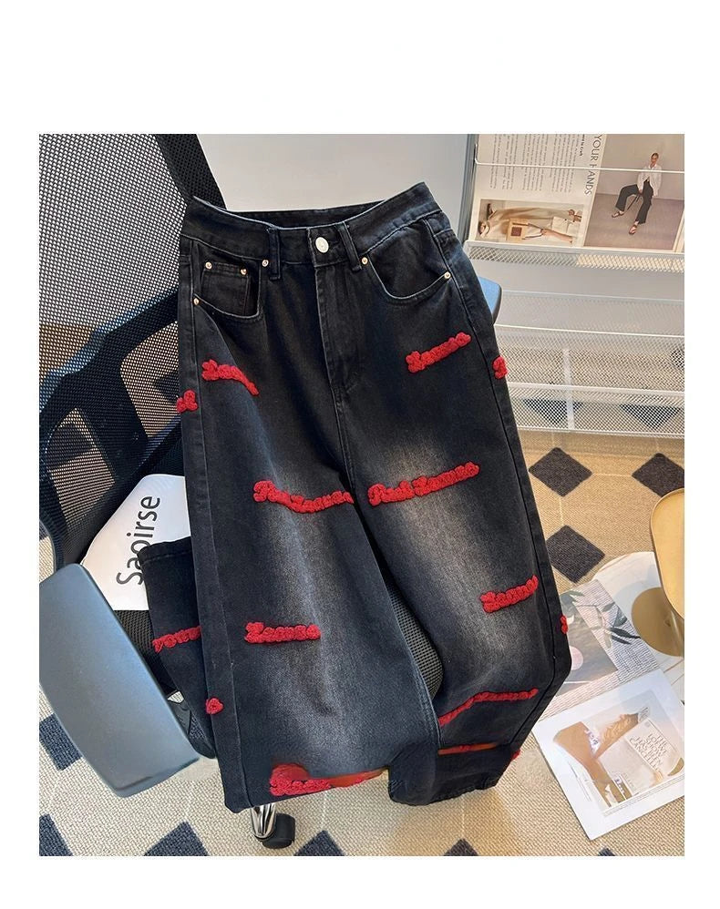 Black and Red Letter Embroidered Jeans Female Y2K Spring and Autumn New High Waist Loose Couple Casual Slim Wide Leg Mop Pants