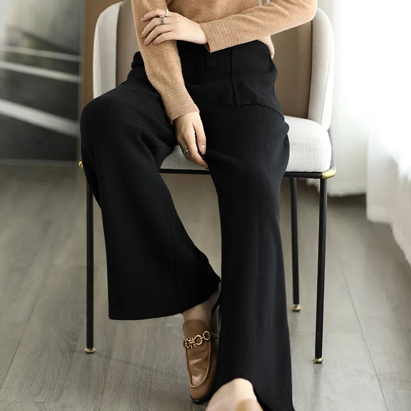 Women's Merino Wool Knitted Pants Office Lady Simple High Waist Straights Trousers Cashmere Wool Autumn Winter Thick Knitwear