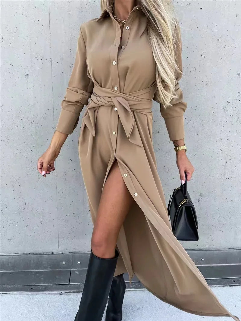 2024 Solid Long Sleeve Shirt Dress Women Lace up Single Breasted Beach Maxi Party Dresses Turn-down Collar Split Sash Vestidos - Seprincess