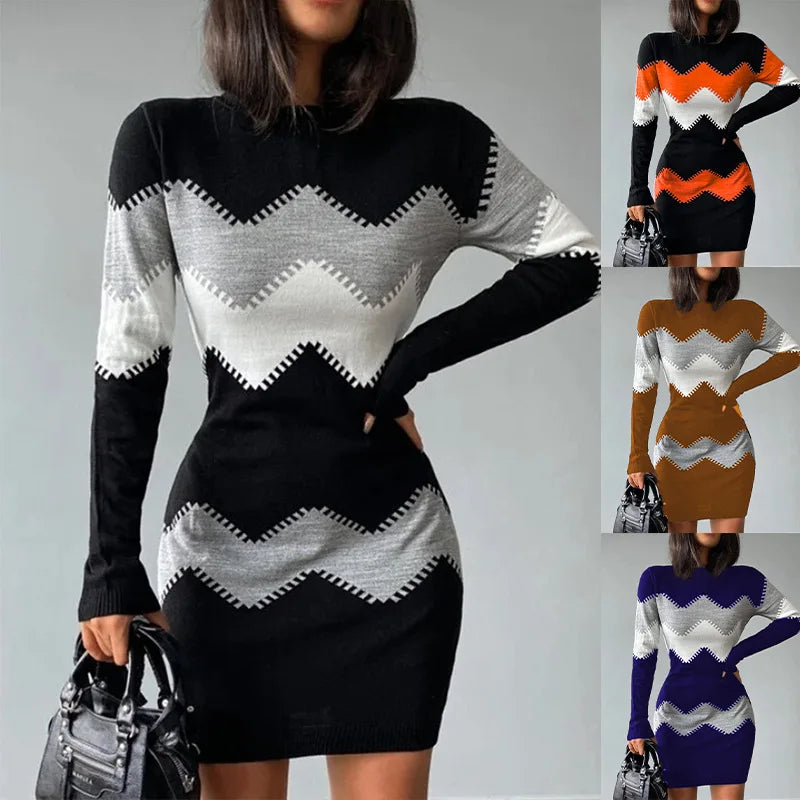 Elegant Women's Short Dress 2024 Spring Autumn Fashion Print Knitted Mini Dresses Tight Wrap Hip Long Sleeve Dress for Women - Seprincess