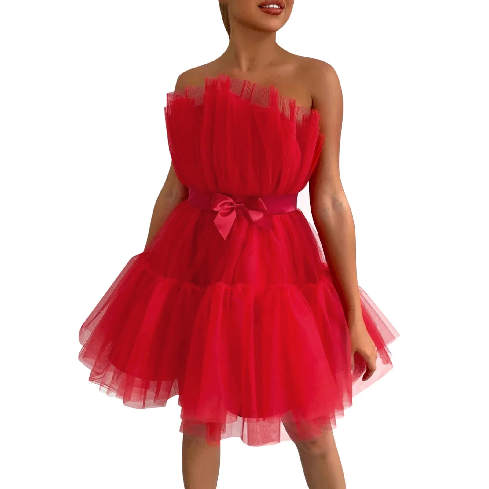 Tulle Dress Women Short Puffy Prom Dress Strapless Mesh Birthday Fairy Dresses Ruffle Cocktail Dress for Women Wedding Long - Seprincess