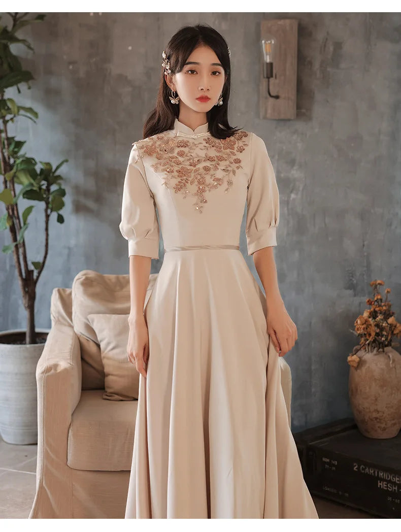 Slim A-line Mandarin Collar Qipao Female Chinese Styles Bridesmaid Dress Appliques Flower Pearl Cheongsam Party Prom Gown - Seprincess