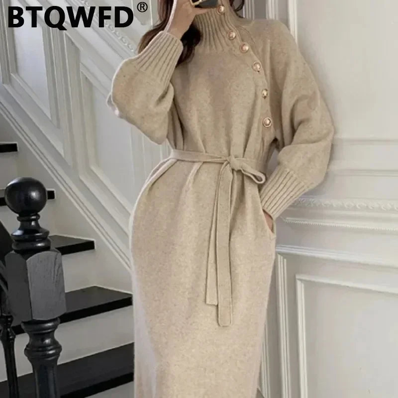 BTQWFD Sweaters Dresses Women's Turtleneck Korean Fashion Knitted Female Clothing Long Sleeves Streetwear 2024 New Autumn Winter - Seprincess