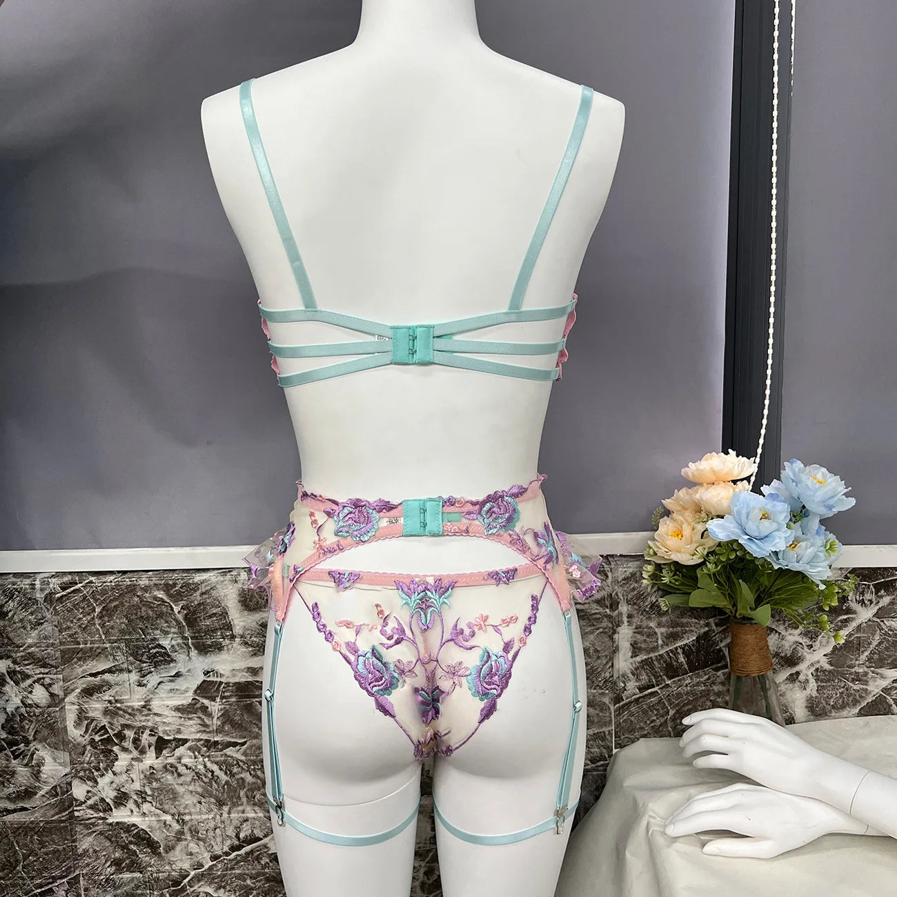 Bar set Tight fitting thin mesh with see through floral patterns Women underwear sexy woman lingeri sexy lingerie sets - Seprincess