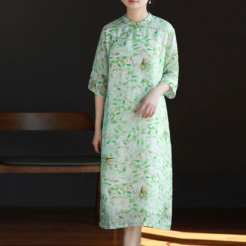 New Chinese Style Lady Cheongsam Qipao Summer Ethnic Elegant Floral Ramie Long Dress Standing Collar Retro Improved Qipao - Seprincess