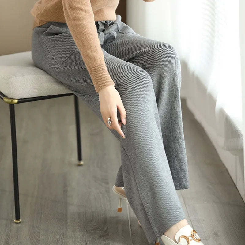 Women's Merino Wool Knitted Pants Office Lady Simple High Waist Straights Trousers Cashmere Wool Autumn Winter Thick Knitwear