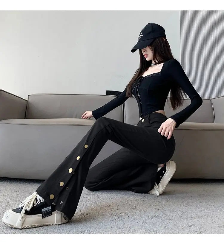 Micro-boot jeans brown buttoned design women's autumn and winter new high-waisted slim straight-leg floor mopping pants