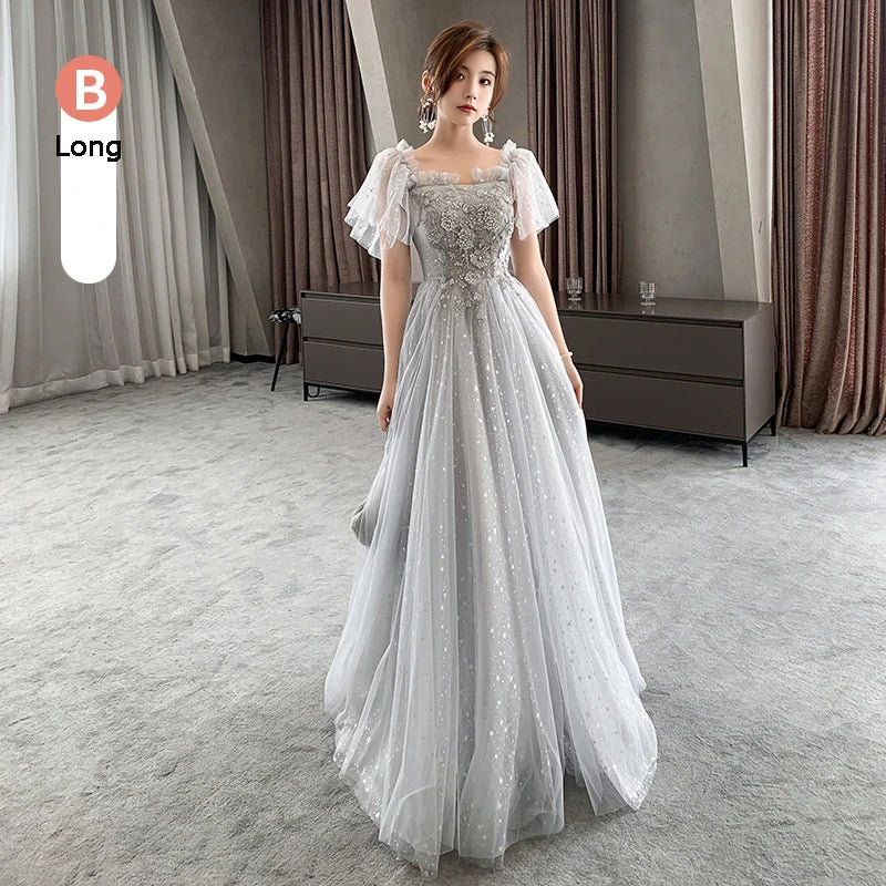 Bridesmaid Dress Temperament Lantern Sleeve Sequin Party Dress Fairy Stage Performance Dress Elegant Banquet Dress A-Long Dress - Seprincess