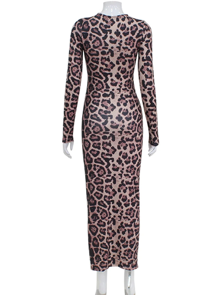 CNYISHE Leopard Bodycon Sheath Sexy Club Women Dresses Long Sleeve O Neck Outfits Fashion Bodycon Slim Female Vestidos Robes - Seprincess