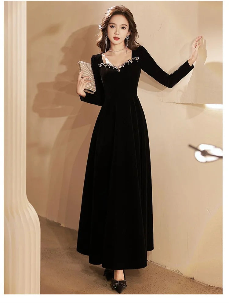 Black Dress Female Autumn Winter Solid Color Diamond Studded Bead Square Collar Long Sleeve A-line Skirt Women's Clothing M024 - Seprincess