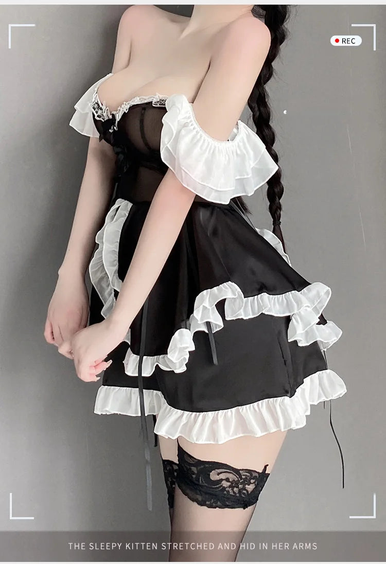 Erotic lingerie Maid's fluffy skirt with mesh transparent bow and lace Sexy women's costume 18 roles іgary Sex toys Sexy clothes - Seprincess