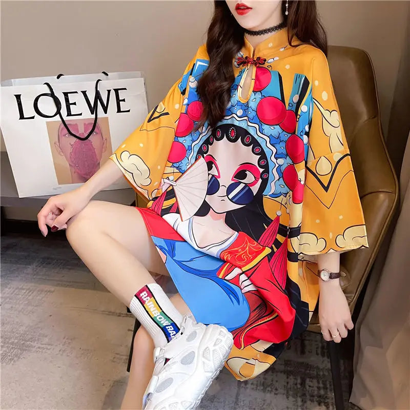 Chinese Fashion Print Dress Women Summer Long Sleeve National Style Cheongsam 2022 Modern Improve Vintage Elegant Loose Qipao - Seprincess