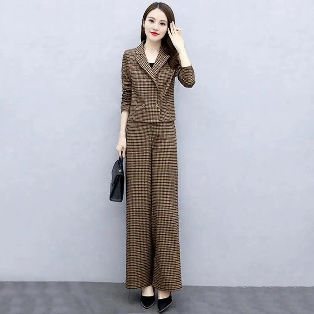 Female Formal Plaid Blazer 2 Pieces Sets Korean Office Long Sleeve Short Suit Tops High Waist Wide Leg Pants Lady OL Outfit - Seprincess