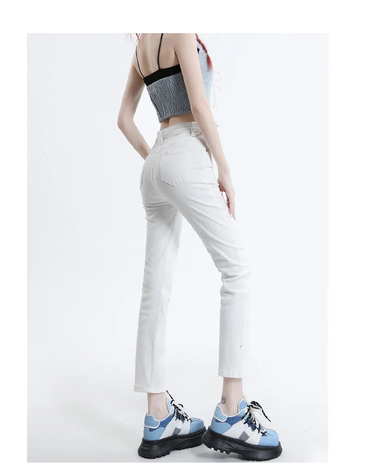 High Waisted Straight Slim Elastic Denim Jeans For Women Smoke Pipe 9,8 Pants Casual Brand Sexy Trousers Female