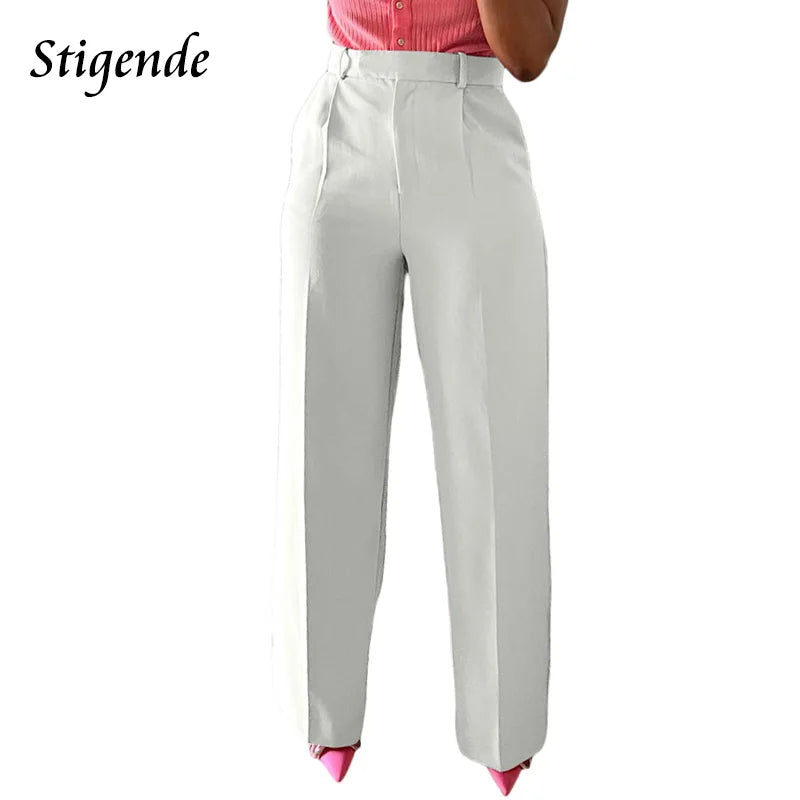 Stigende Wide Leg Straight Dress Pants with Pocket Women Plain Color Business Casual Pants Loose Fit Midi Waist Office Trousers