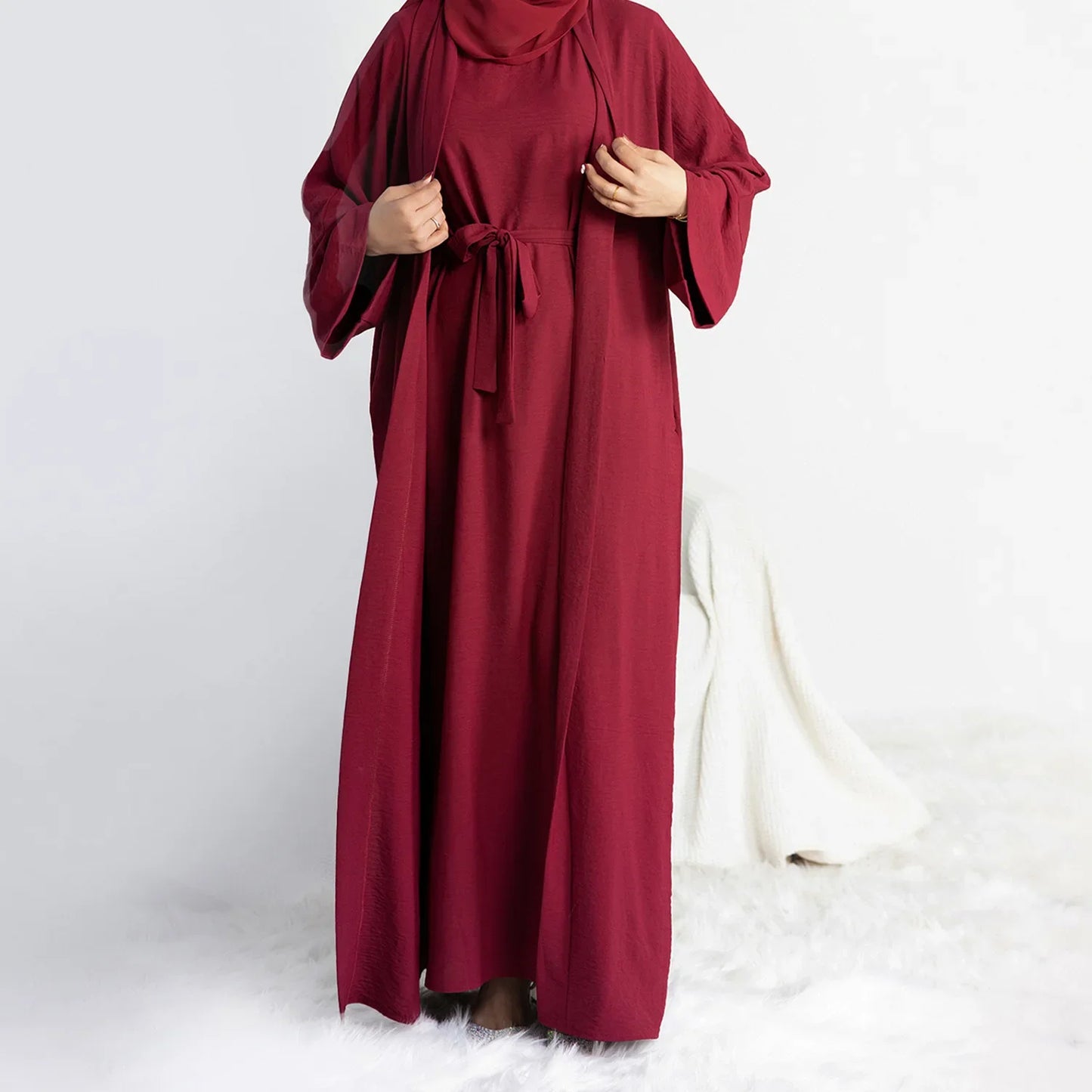 2 Piece Abaya Slip Sleeveless Hijab Dress Matching Muslim Sets Plain Open Abayas for Women Dubai Turkey African Islamic Clothing