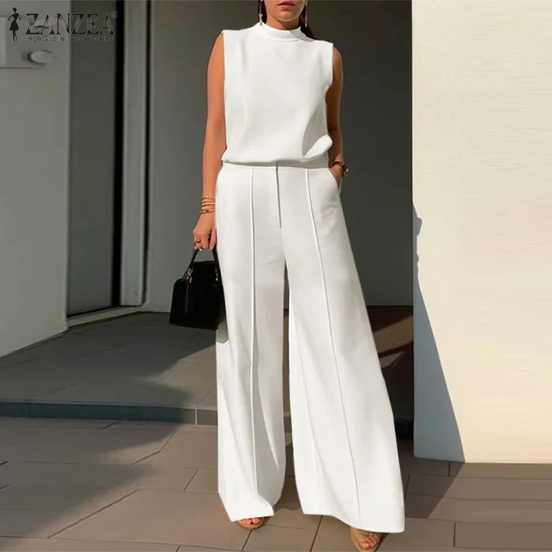 Elegant Women's Sets ZANZEA 2024 Woman 2-Piece Trouser Sets Fashion 2pcs Outfits Tank Tops and Wide Leg Pant Suits Oversize - Seprincess