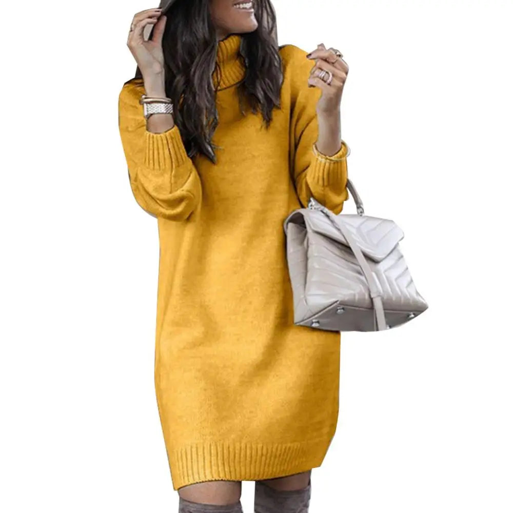 Women Winter Loose Dress Knee-length Dress Women Long Sleeve Autumn Turtleneck Warm Knitted Sweater Knee-length Dress - Seprincess