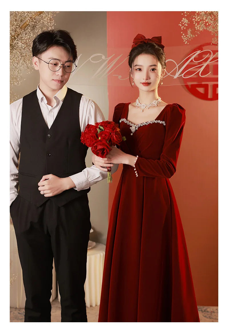 Burgundy Velvet Prom Dresses Square Collar Long Sleeve Pearl Crystal Long Engagement Dress Plus Size Female Formale Gowns - Seprincess