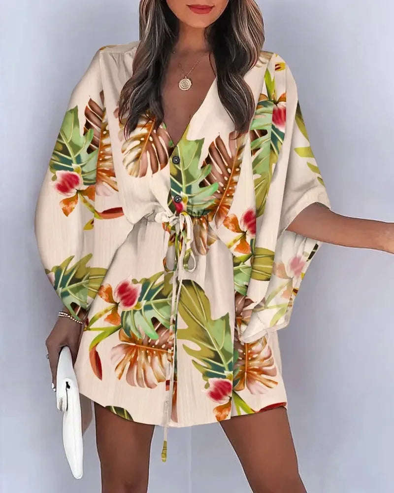 Summer Casual Dress Women Fashion Flying Sleeve V-neck Print Beach Party Dresses Elegant Lace Up Mini Dress Robe Femme 2023 New - Seprincess