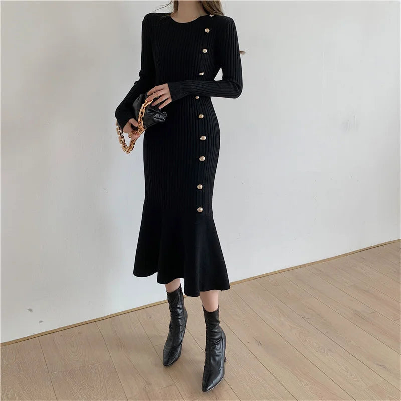 Autumn Warm Korean Fashion Woman Elegant Clothing Knitted Vintage Dresses Sweater Dress Femme Winter Vestido Feminino Thicken - Seprincess