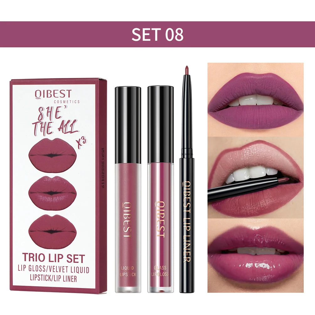 New 3pcs/set Liquid Lipstick+Lip Liner Long Lasting Cosmetic Black Brown Purple Red Matte Lip Gloss Nude Lip Tint Stain Makeup