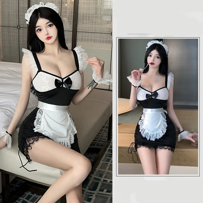 Erotic lingerie Lace deep v revealing breasts tight fitting maid uniform tempting sexy tоy body sexy. items lolita sex cosplay - Seprincess